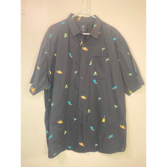 Visive Other - Visive Mens 3XL Black Fiesta Print Cotton Short Sleeve Button Down Shirt Novelty